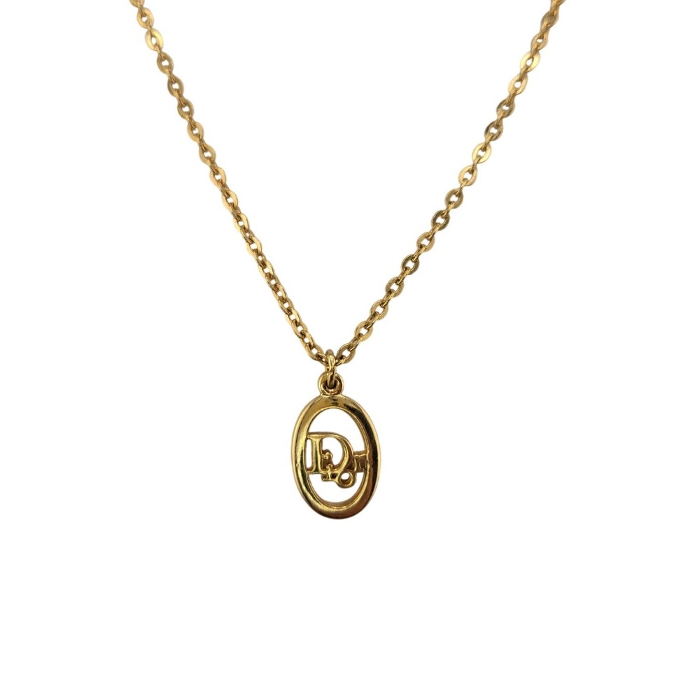 Christian Dior Vintage Gold Tone Oval Logo Pendant Necklace 17 Inch Chain